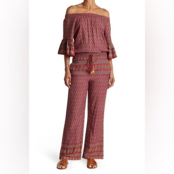 RAGA Avah Paisley Wine Front Pockets Off the Shoulder Jumpsuit Size‎ XS NWT - Picture 1 of 15